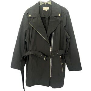 Michael Kors Womens Black Belted Trench Coat 2X‎ Gold Buttons & Zipper Accents